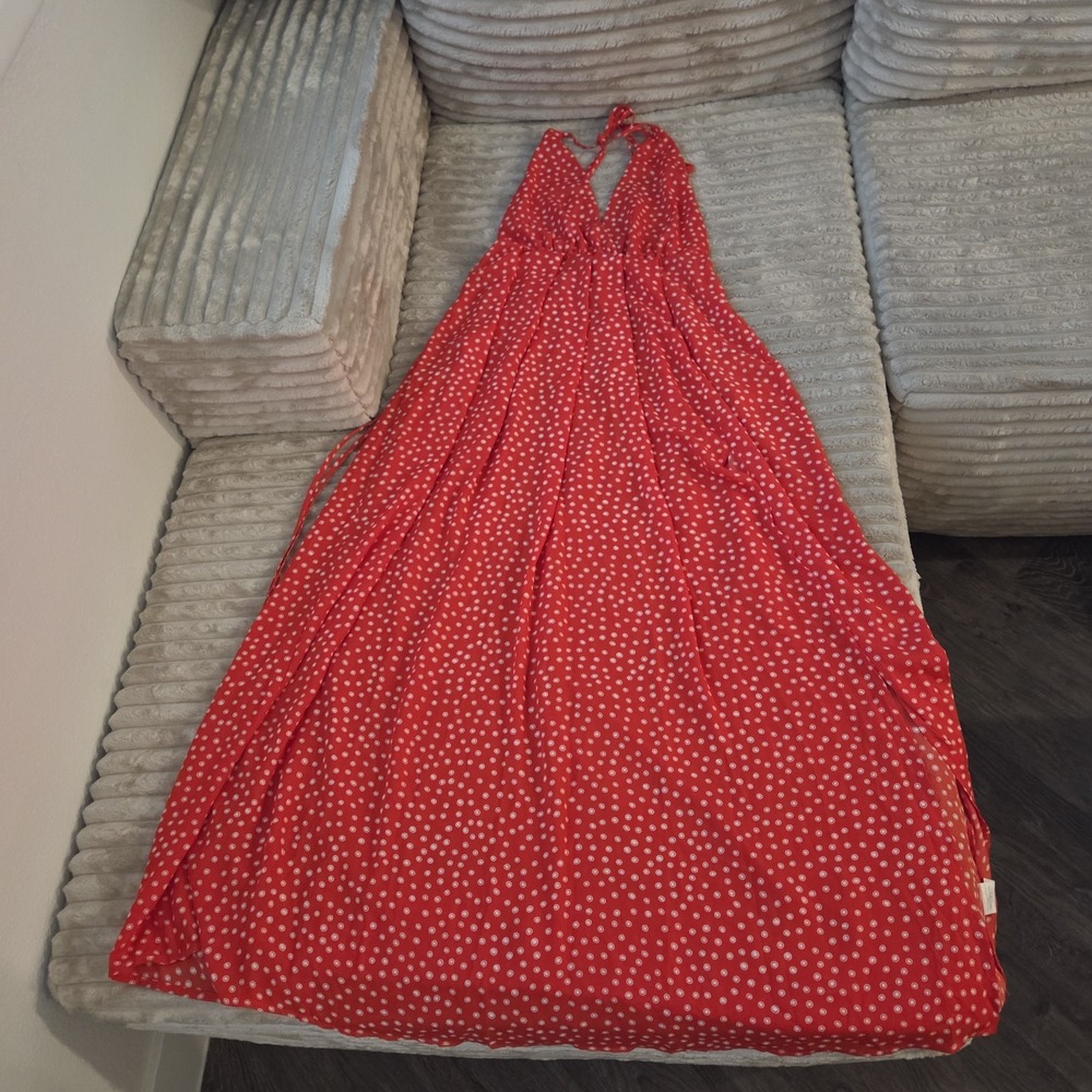 Simplee Red White Polka Dot Halter Maxi Long Dress S Boho Summer Sun Side Slit - Picture 2 of 8